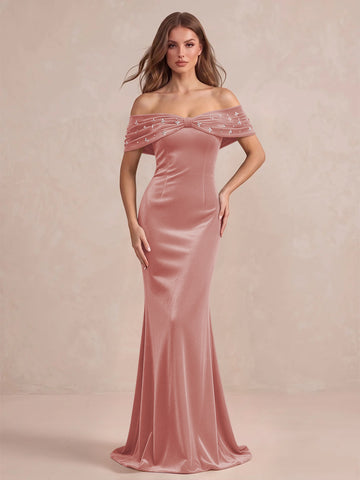 Black Mermaid Maxi Velvet Wedding Guest Dresses Off Shoulder Formal Dresses with Bead