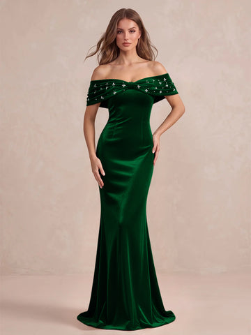 Black Mermaid Maxi Velvet Wedding Guest Dresses Off Shoulder Formal Dresses with Bead