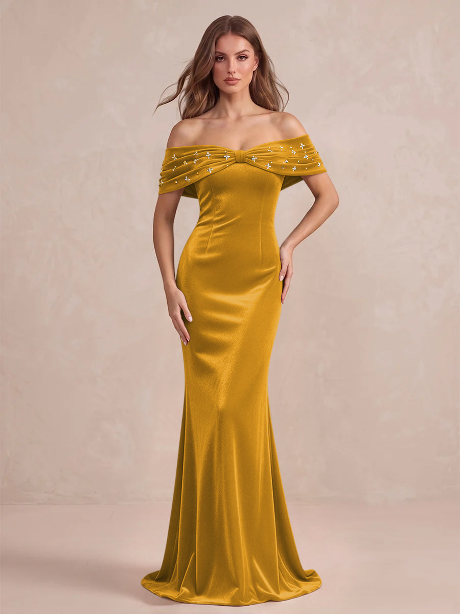 Black Mermaid Maxi Velvet Wedding Guest Dresses Off Shoulder Formal Dresses with Bead
