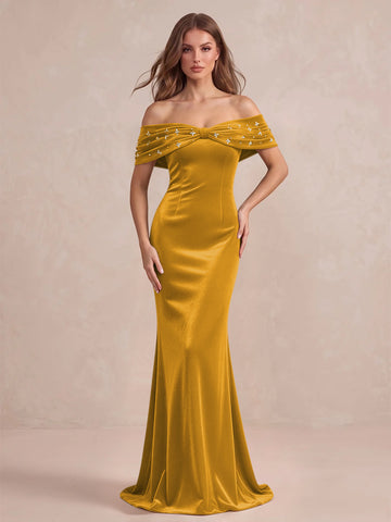 Black Mermaid Maxi Velvet Wedding Guest Dresses Off Shoulder Formal Dresses with Bead