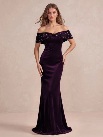 Black Mermaid Maxi Velvet Wedding Guest Dresses Off Shoulder Formal Dresses with Bead
