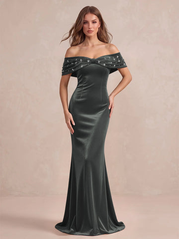 Black Mermaid Maxi Velvet Wedding Guest Dresses Off Shoulder Formal Dresses with Bead
