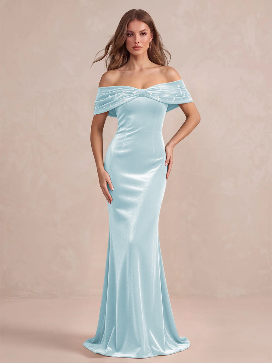 Black Mermaid Maxi Velvet Wedding Guest Dresses Off Shoulder Formal Dresses with Bead