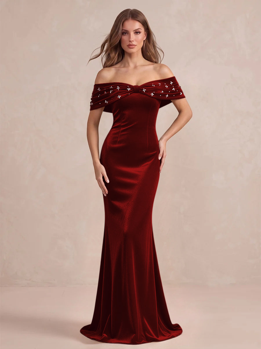Black Mermaid Maxi Velvet Wedding Guest Dresses Off Shoulder Formal Dresses with Bead
