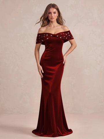 Black Mermaid Maxi Velvet Wedding Guest Dresses Off Shoulder Formal Dresses with Bead