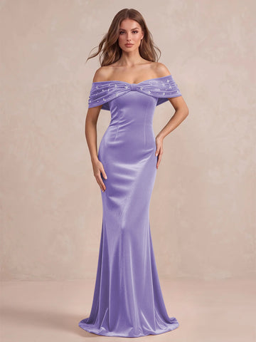 Black Mermaid Maxi Velvet Wedding Guest Dresses Off Shoulder Formal Dresses with Bead