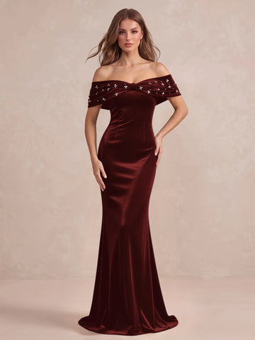 Black Mermaid Maxi Velvet Wedding Guest Dresses Off Shoulder Formal Dresses with Bead