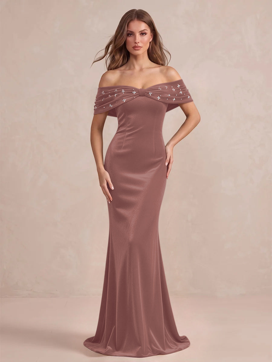 Black Mermaid Maxi Velvet Wedding Guest Dresses Off Shoulder Formal Dresses with Bead