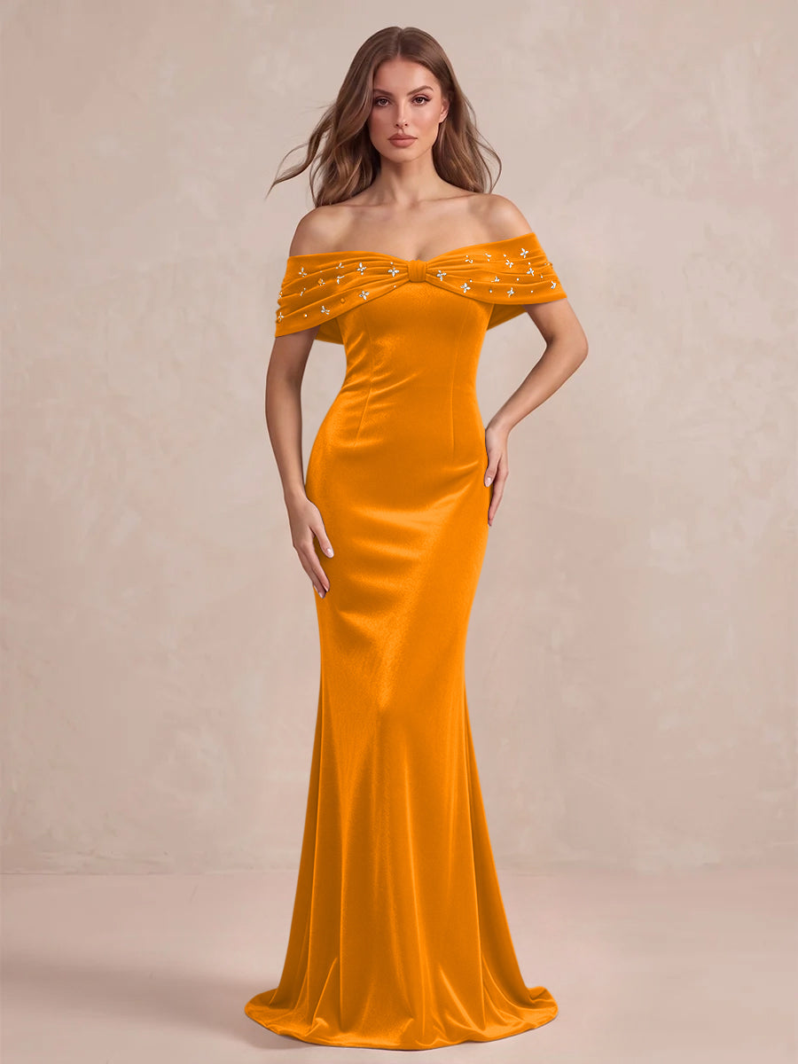Black Mermaid Maxi Velvet Wedding Guest Dresses Off Shoulder Formal Dresses with Bead