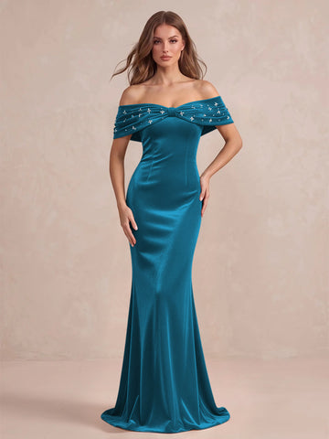 Black Mermaid Maxi Velvet Wedding Guest Dresses Off Shoulder Formal Dresses with Bead