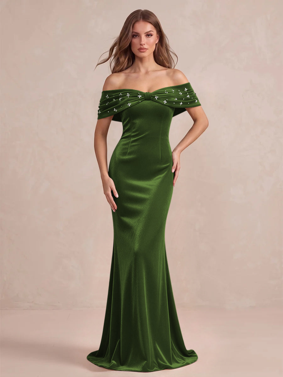 Black Mermaid Maxi Velvet Wedding Guest Dresses Off Shoulder Formal Dresses with Bead