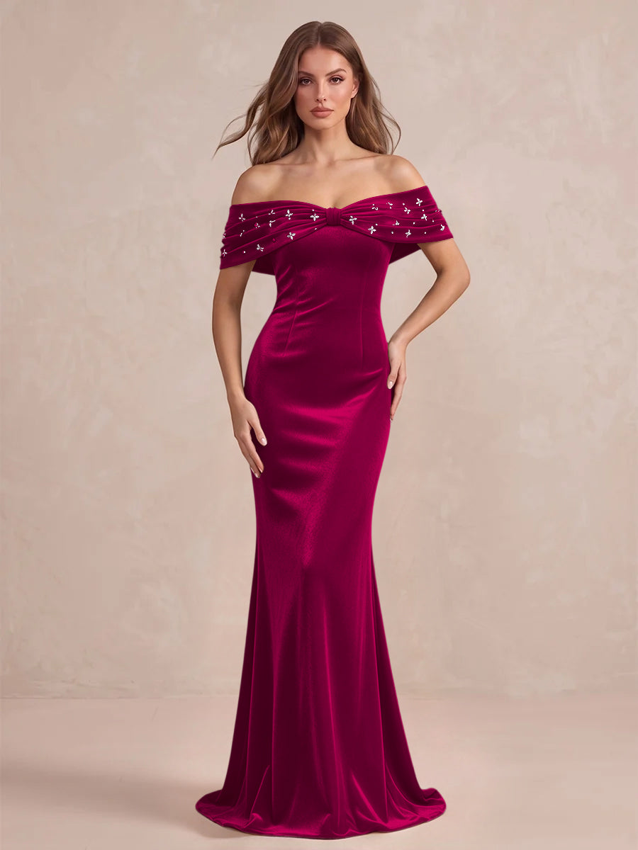 Black Mermaid Maxi Velvet Wedding Guest Dresses Off Shoulder Formal Dresses with Bead