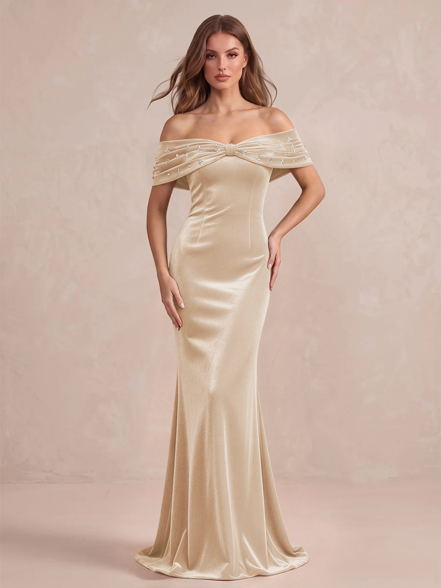 Black Mermaid Maxi Velvet Wedding Guest Dresses Off Shoulder Formal Dresses with Bead