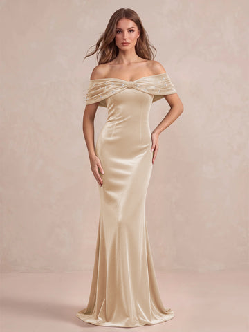 Black Mermaid Maxi Velvet Wedding Guest Dresses Off Shoulder Formal Dresses with Bead