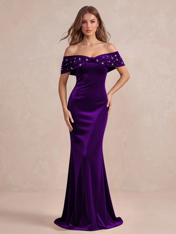 Black Mermaid Maxi Velvet Wedding Guest Dresses Off Shoulder Formal Dresses with Bead