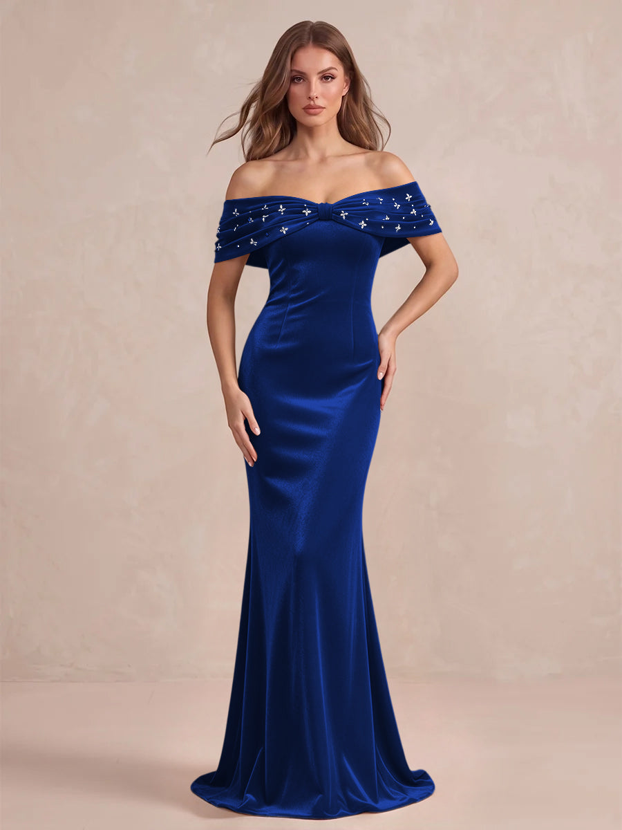 Black Mermaid Maxi Velvet Wedding Guest Dresses Off Shoulder Formal Dresses with Bead