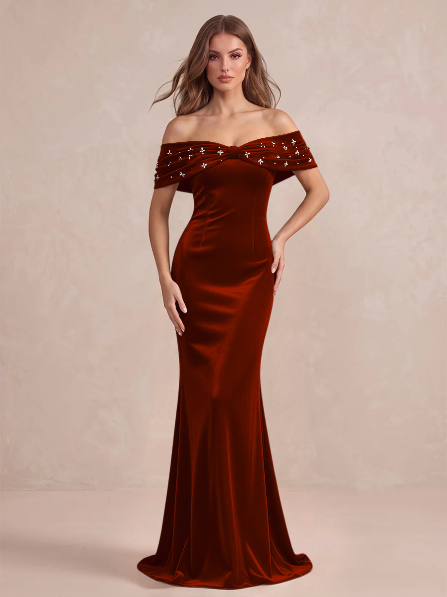 Black Mermaid Maxi Velvet Wedding Guest Dresses Off Shoulder Formal Dresses with Bead