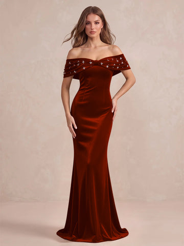 Black Mermaid Maxi Velvet Wedding Guest Dresses Off Shoulder Formal Dresses with Bead