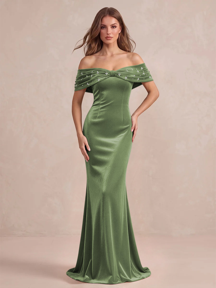 Black Mermaid Maxi Velvet Wedding Guest Dresses Off Shoulder Formal Dresses with Bead