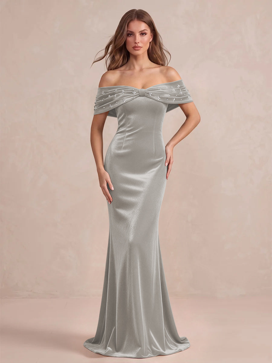 Black Mermaid Maxi Velvet Wedding Guest Dresses Off Shoulder Formal Dresses with Bead