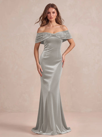 Black Mermaid Maxi Velvet Wedding Guest Dresses Off Shoulder Formal Dresses with Bead