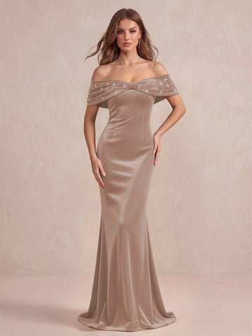 Black Mermaid Maxi Velvet Wedding Guest Dresses Off Shoulder Formal Dresses with Bead