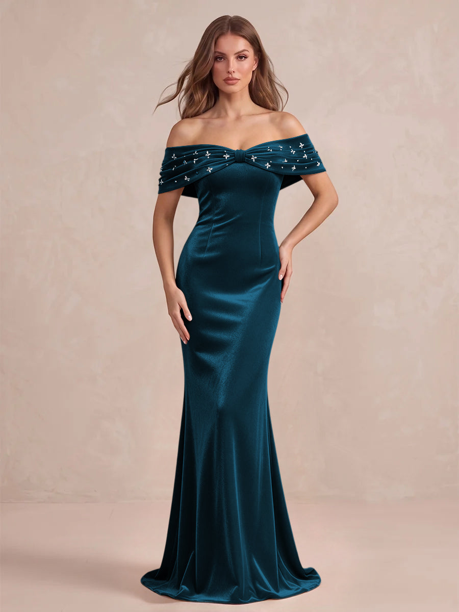 Black Mermaid Maxi Velvet Wedding Guest Dresses Off Shoulder Formal Dresses with Bead