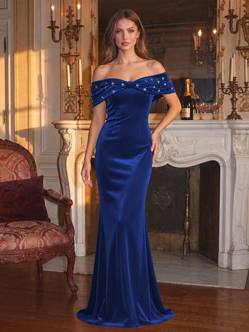 Royal Blue Mermaid Maxi Velvet Wedding Guest Dresses Off Shoulder Formal Dresses with Bead