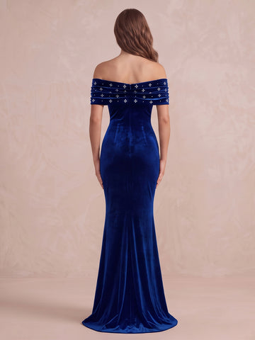 Royal Blue Mermaid Maxi Velvet Wedding Guest Dresses Off Shoulder Formal Dresses with Bead