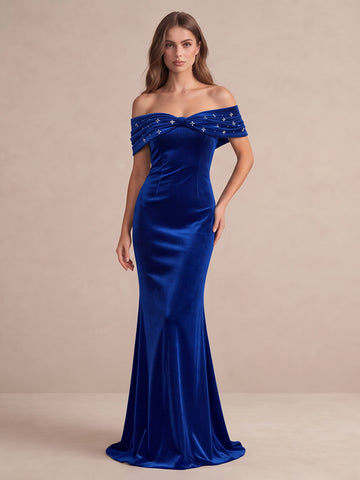 Royal Blue Mermaid Maxi Velvet Wedding Guest Dresses Off Shoulder Formal Dresses with Bead