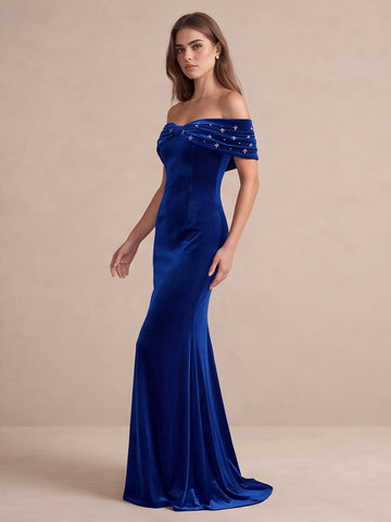 Royal Blue Mermaid Maxi Velvet Wedding Guest Dresses Off Shoulder Formal Dresses with Bead