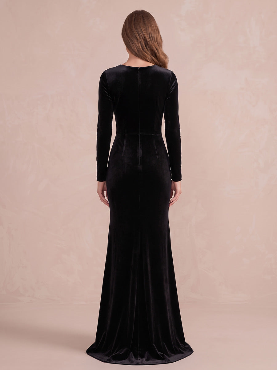 Black Velvet Wedding Guest Dresses with Slit Floor Length Mermaid Formal Dresses