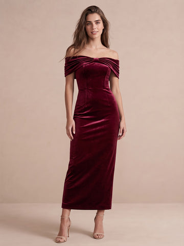 Burgundy Sheath Ankle Length Velvet Wedding Guest Dresses Off Shoulder Formal Dresses