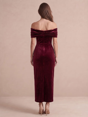 Burgundy Sheath Ankle Length Velvet Wedding Guest Dresses Off Shoulder Formal Dresses