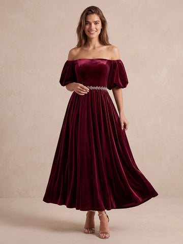 Burgundy A Line Ankle Length Velvet Wedding Guest Dresses Off Shoulder Formal Dresses