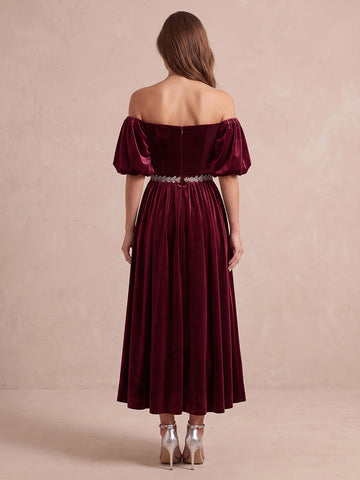 Burgundy A Line Ankle Length Velvet Wedding Guest Dresses Off Shoulder Formal Dresses Plus Size