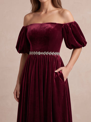 Burgundy A Line Ankle Length Velvet Wedding Guest Dresses Off Shoulder Formal Dresses Plus Size