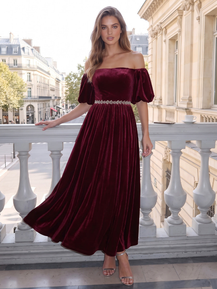 Burgundy A Line Ankle Length Velvet Wedding Guest Dresses Off Shoulder Formal Dresses Plus Size