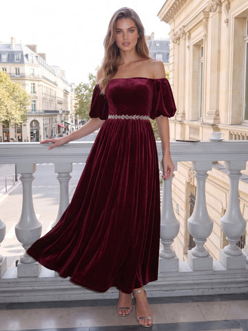 Burgundy A Line Ankle Length Velvet Wedding Guest Dresses Off Shoulder Formal Dresses Plus Size