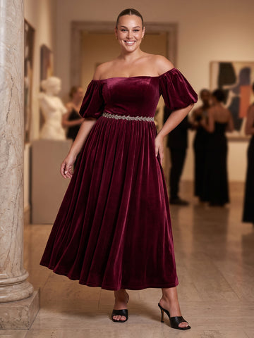 Burgundy A Line Ankle Length Velvet Wedding Guest Dresses Off Shoulder Formal Dresses Plus Size
