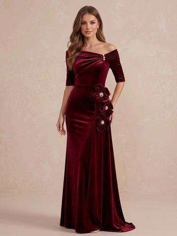 Burgundy 3D Floral Mermaid Maxi Velvet Wedding Guest Dresses Off Shoulder Formal Evening Dresses