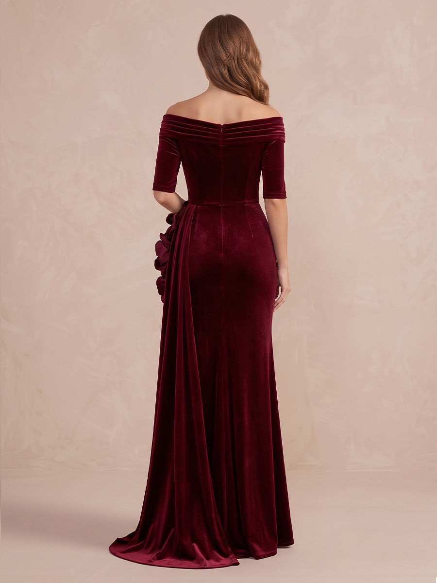 Burgundy 3D Floral Mermaid Maxi Velvet Wedding Guest Dresses Off Shoulder Formal Evening Dresses