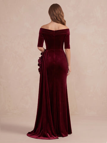 Burgundy 3D Floral Mermaid Maxi Velvet Wedding Guest Dresses Off Shoulder Formal Evening Dresses