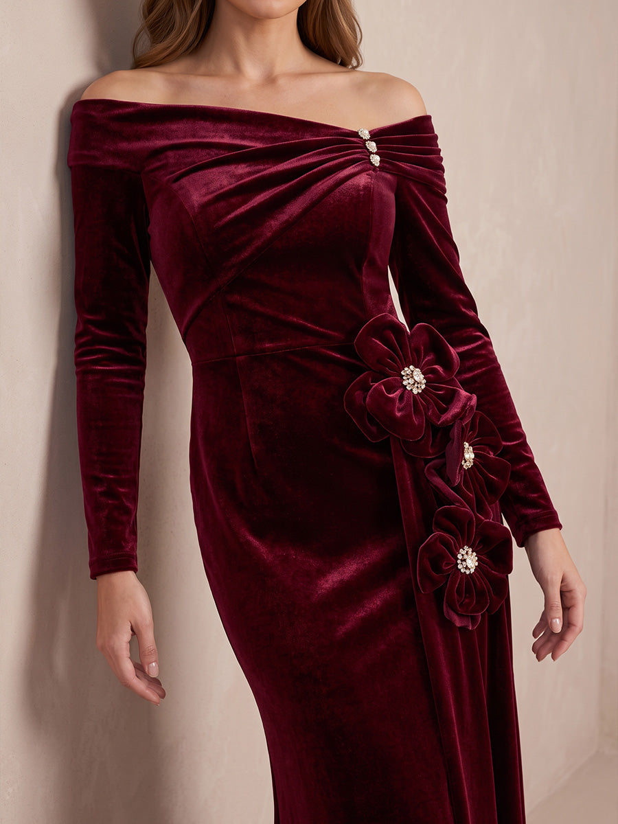 Burgundy 3D Floral Mermaid Maxi Velvet Wedding Guest Dresses Off Shoulder Formal Evening Dresses