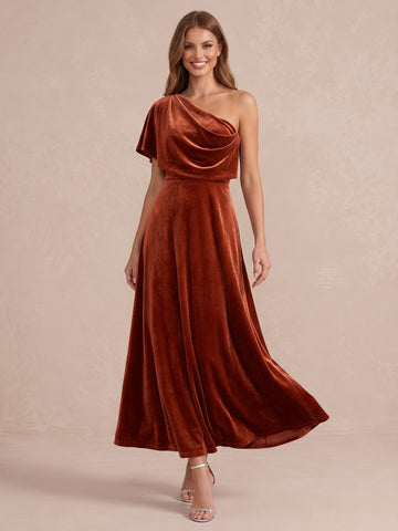 Burnt Orange Cowl Draped A Line Ankle Length Velvet Wedding Guest Dresses One Shoulder Formal Dresses