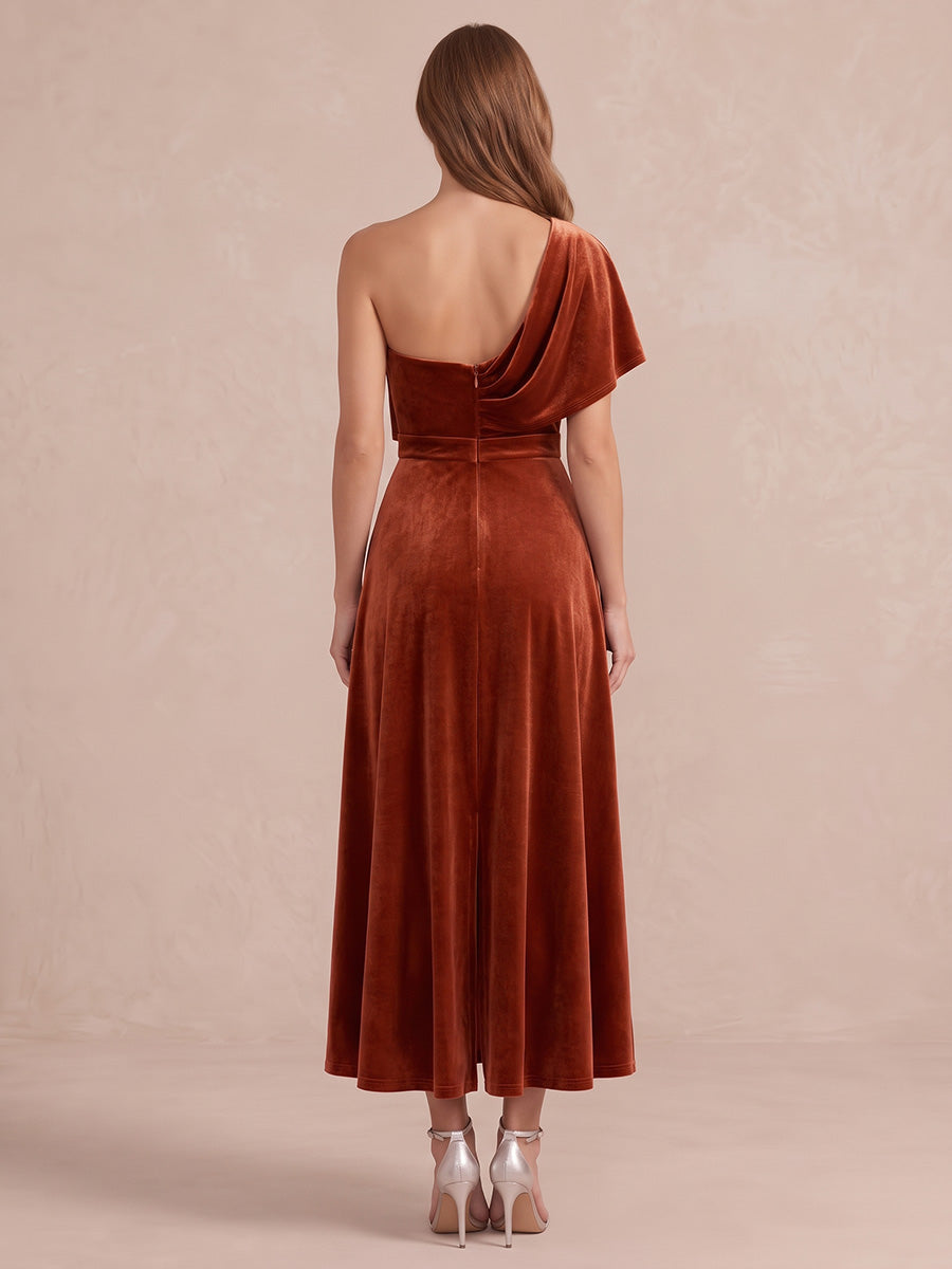 Burnt Orange Cowl Draped A Line Ankle Length Velvet Wedding Guest Dresses One Shoulder Formal Dresses Plus Size