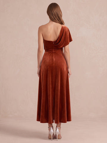 Burnt Orange Cowl Draped A Line Ankle Length Velvet Wedding Guest Dresses One Shoulder Formal Dresses Plus Size