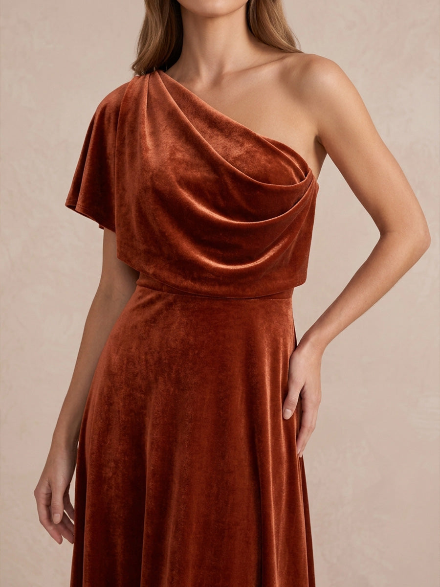 Burnt Orange Cowl Draped A Line Ankle Length Velvet Wedding Guest Dresses One Shoulder Formal Dresses Plus Size