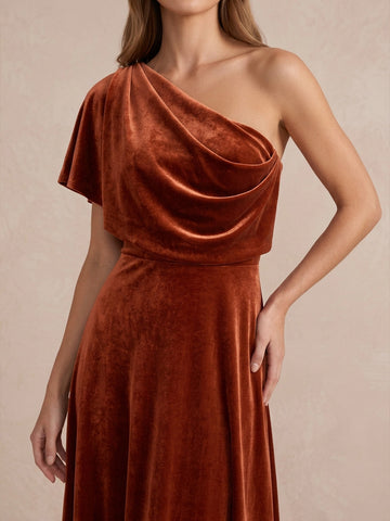 Burnt Orange Cowl Draped A Line Ankle Length Velvet Wedding Guest Dresses One Shoulder Formal Dresses Plus Size