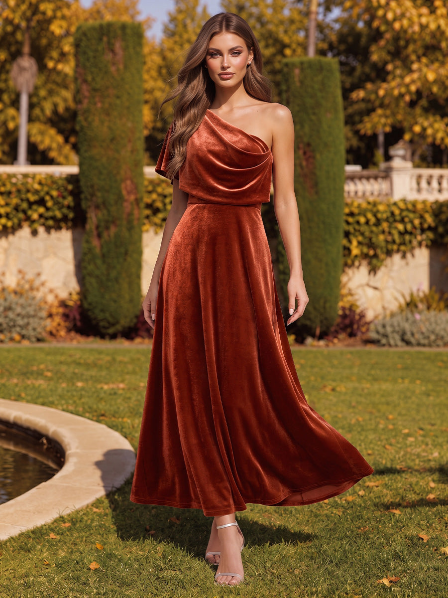 Burnt Orange Cowl Draped A Line Ankle Length Velvet Wedding Guest Dresses One Shoulder Formal Dresses Plus Size
